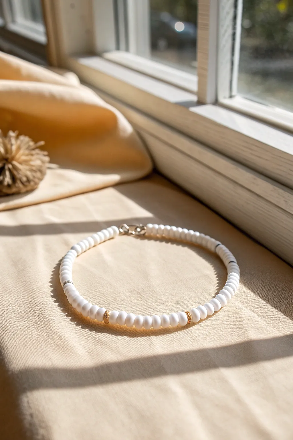 Clean monochrome clay bead bracelet on warm beige tones for effortless minimalist boho style.