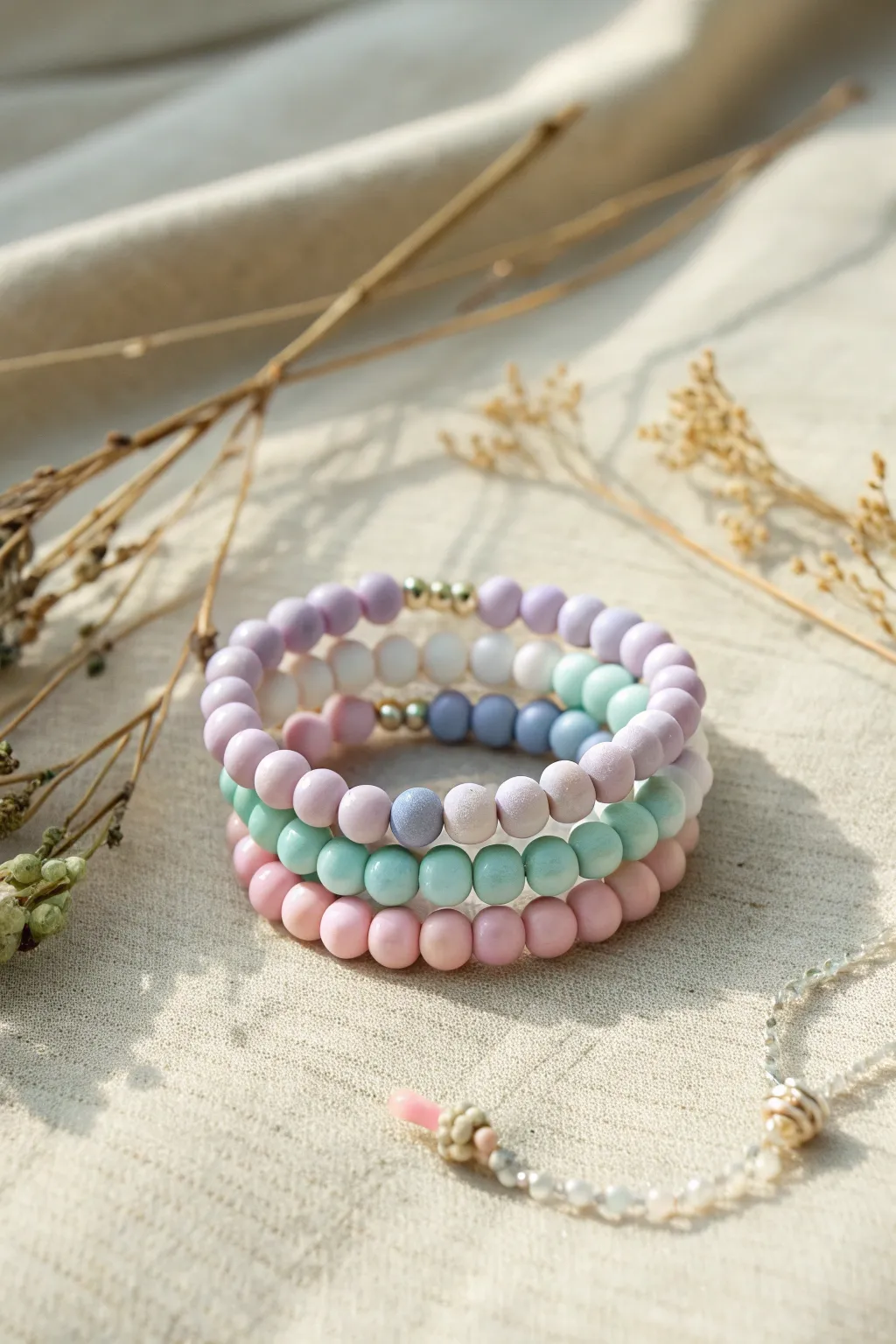 Soft pastel clay bead bracelet stack in blush, lavender, mint and sky blue for sweet color inspo.