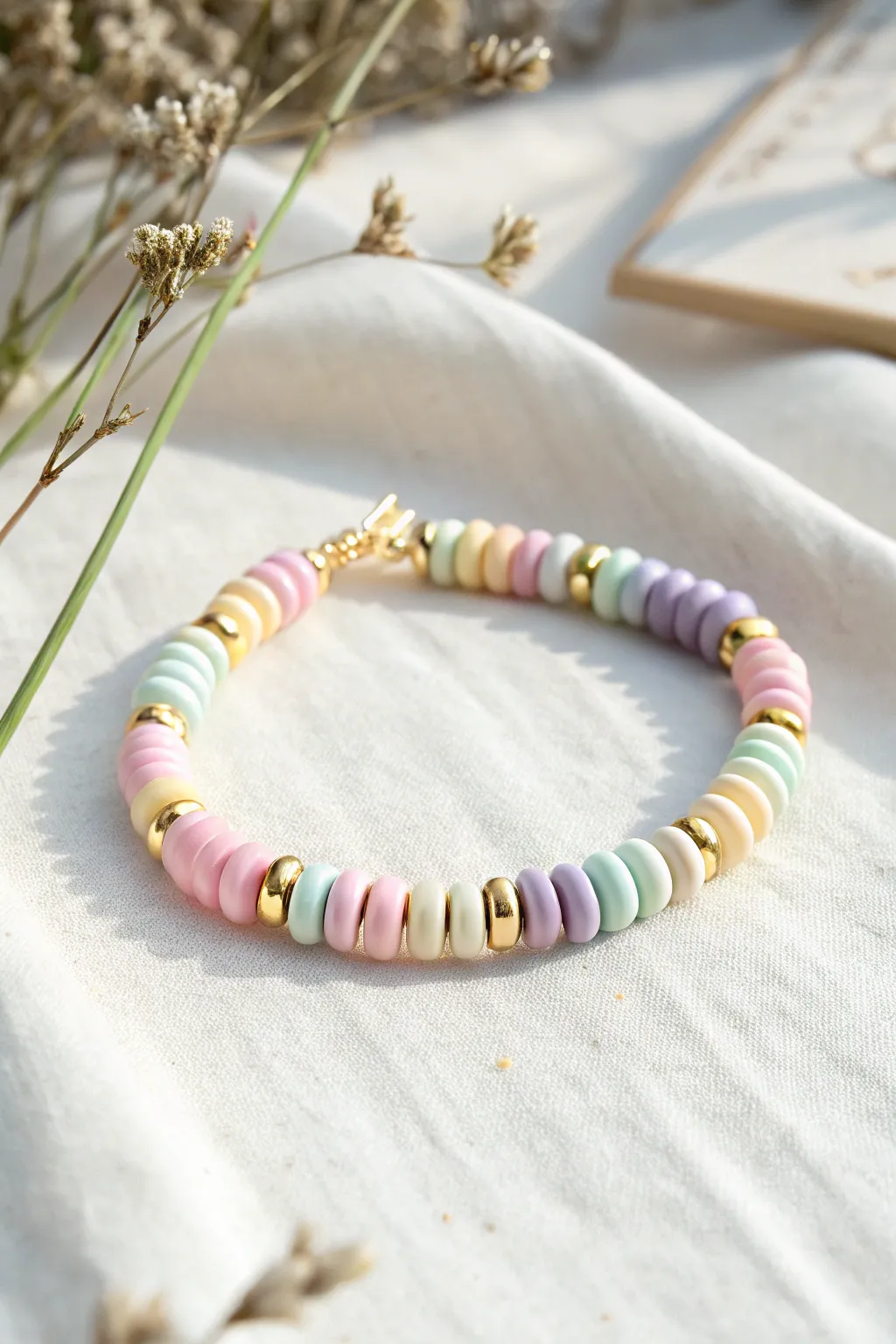 Pastel clay disc bracelet with delicate gold spacers for a sweet minimalist boho look