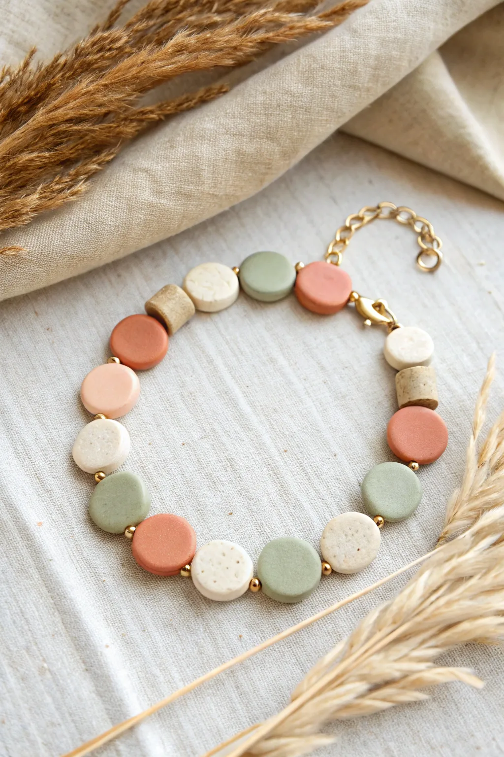 Easy color-blocked clay disc bead bracelet flat lay in soft boho neutrals with clean contrast