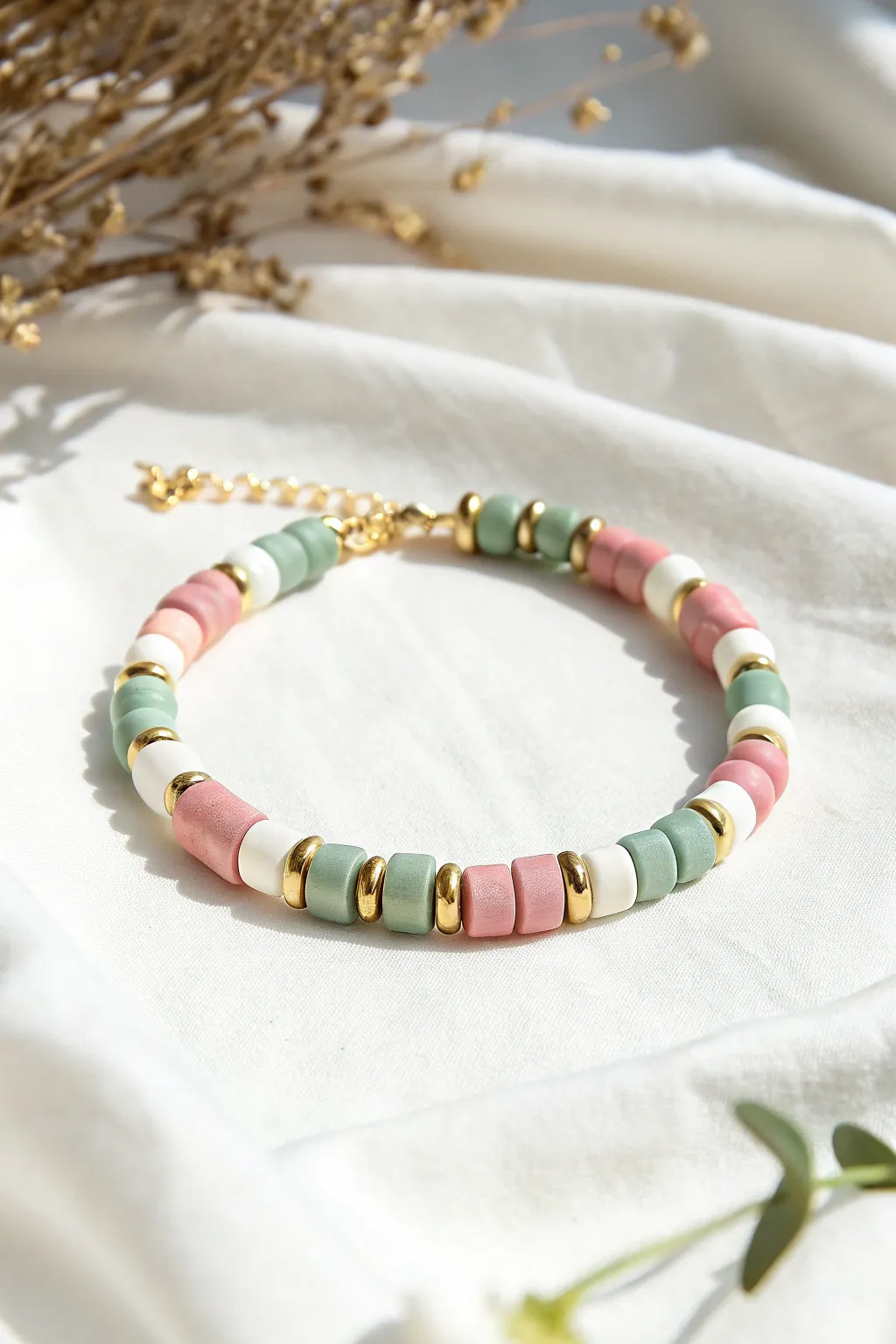 Bold color-blocked clay bead bracelet in pink, cream, and sage with tiny gold spacers.
