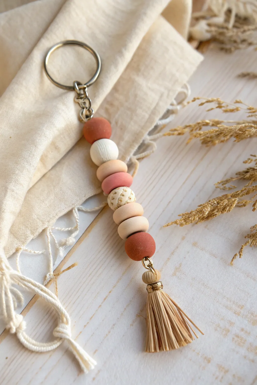 Minimal clay bead keychain fob with soft tassel finish in warm neutrals, clean and boho