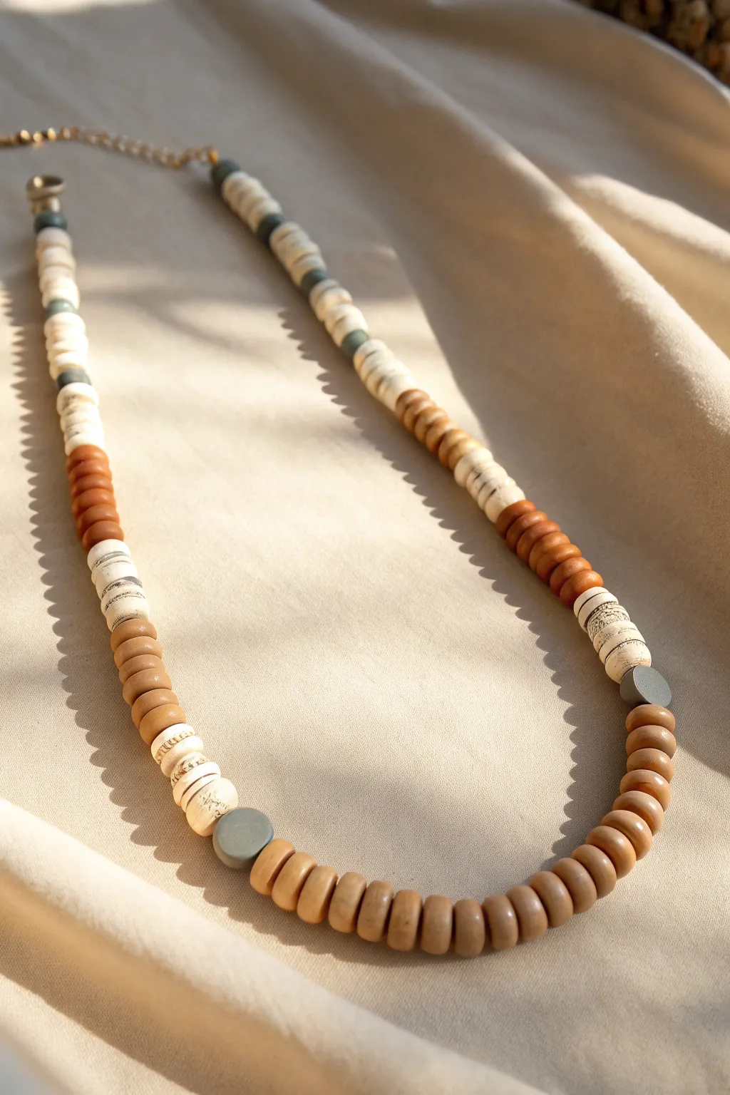 Neutral clay disc bead necklace in cream, tan, and gray for a calm minimalist boho look