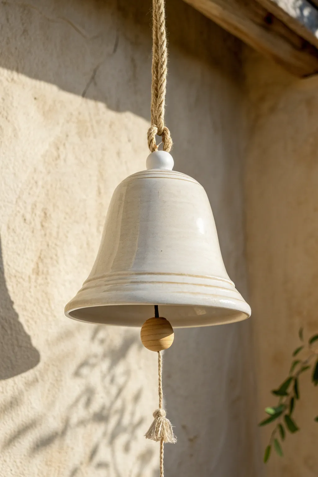 Minimal wheel-thrown clay bell with an even rim and soft sheen, hanging simply in warm light.