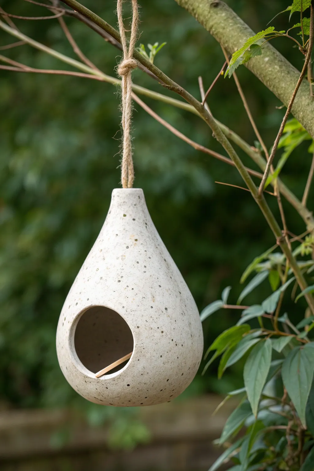 Minimal teardrop clay feeder hanging from twine, a simple boho touch for backyard birds.