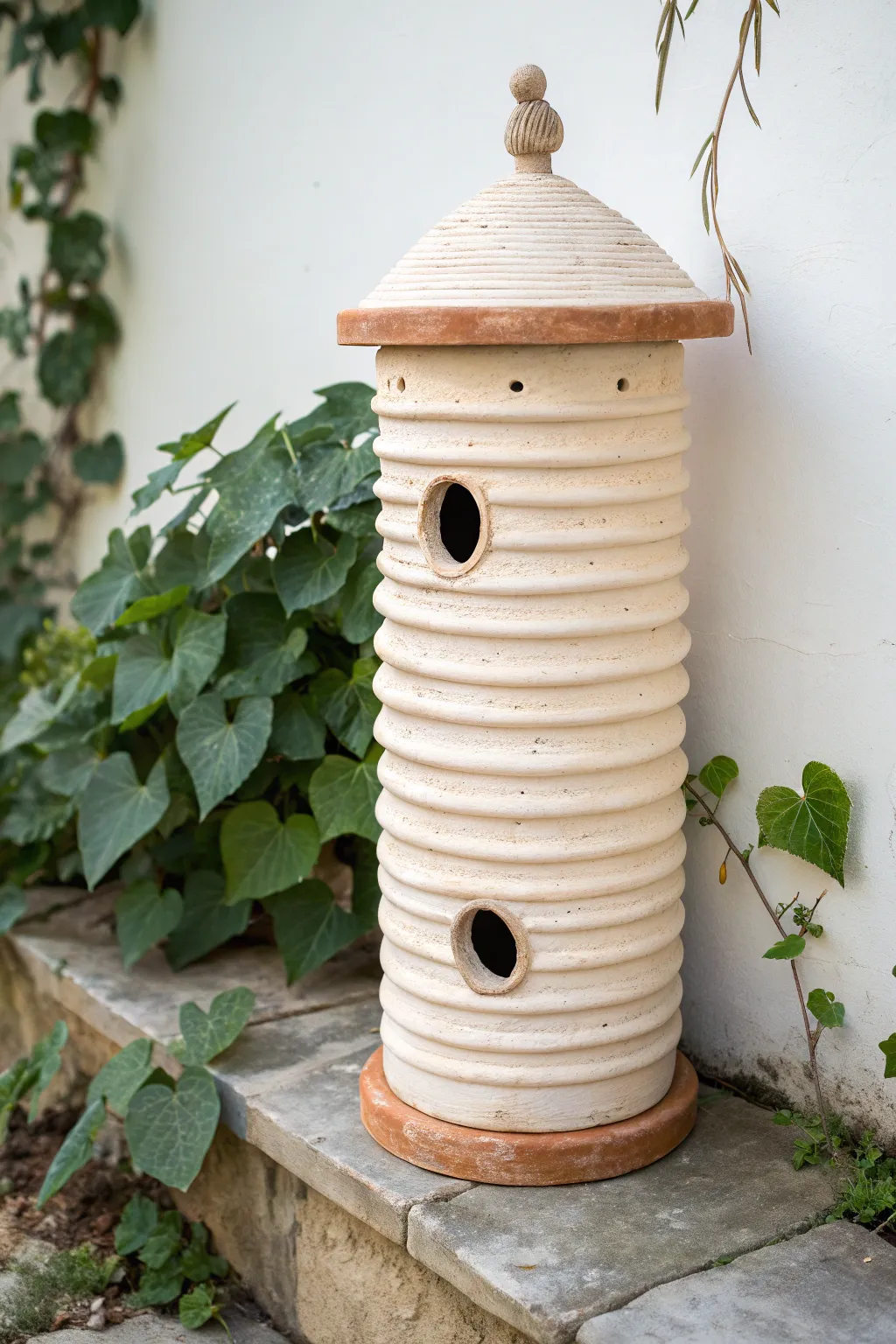 Minimal coiled clay birdhouse with a round entry, photographed among fresh garden leaves.