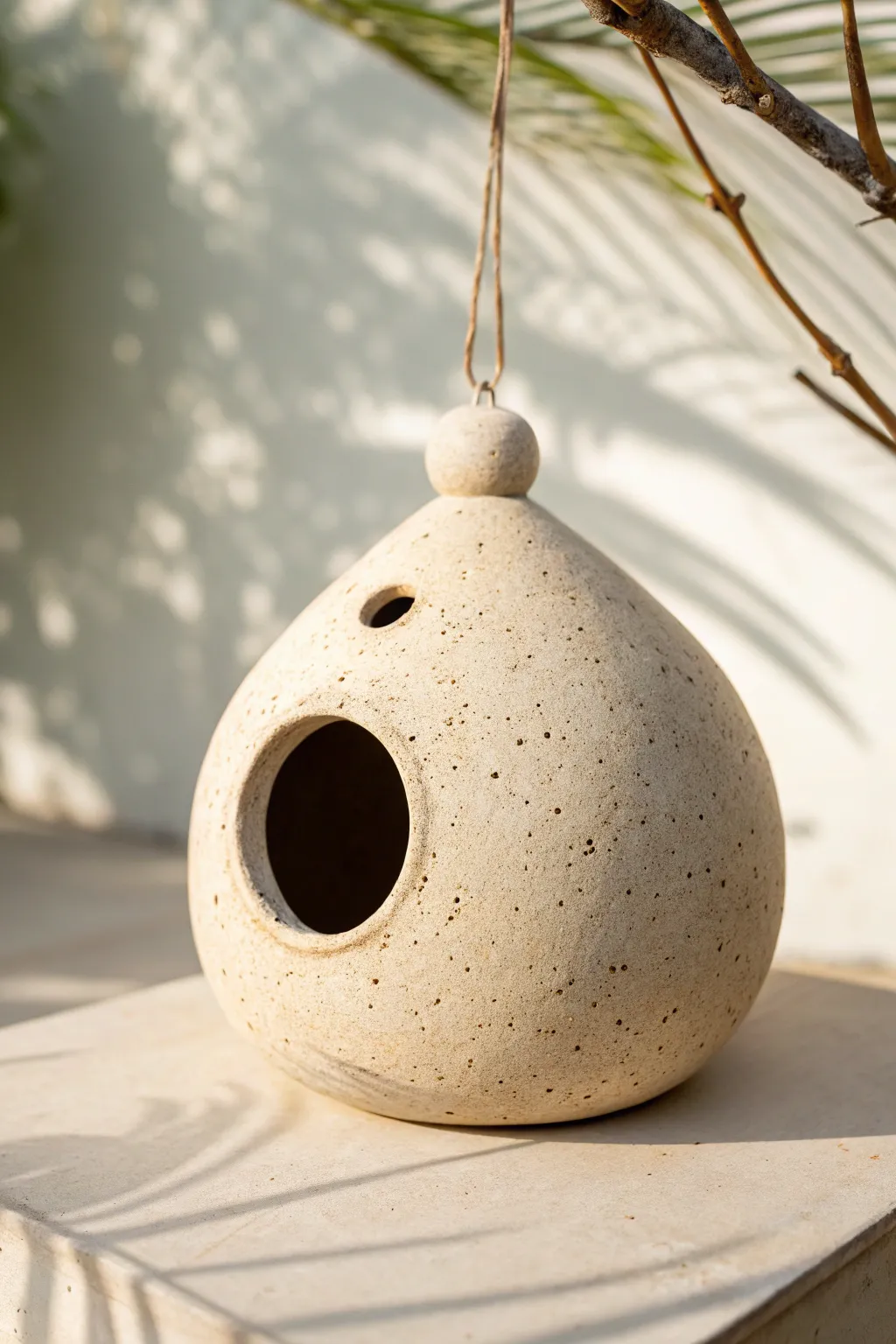 Round pinch-pot nest birdhouse with soft curves and a tiny perch, simple and sweet.