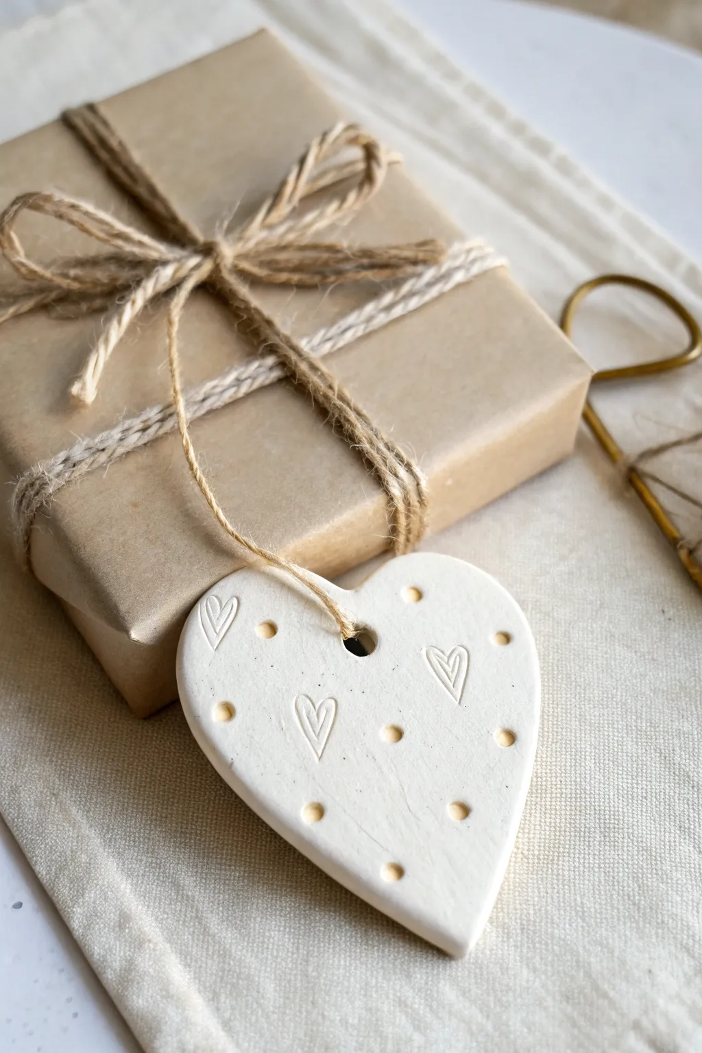 Handmade clay tag ornament in neutral tones, perfect as a simple birthday keepsake.