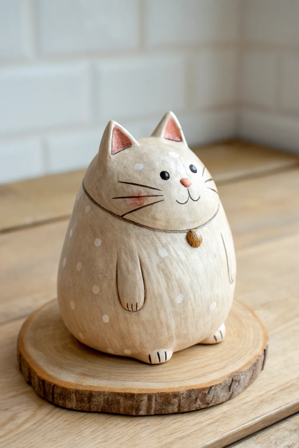 Chunky sitting cat bobblehead with big cheeks, glossy glaze, and a clean minimalist look
