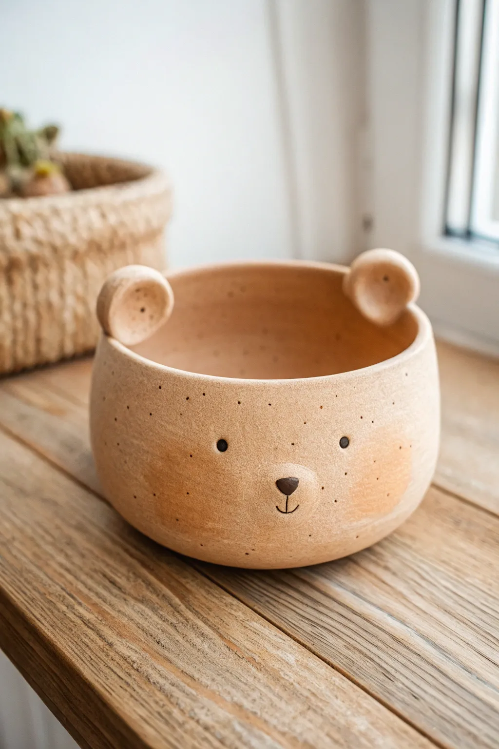 Chubby bear bowl with rounded rim ears in warm matte clay, styled simply on natural wood.
