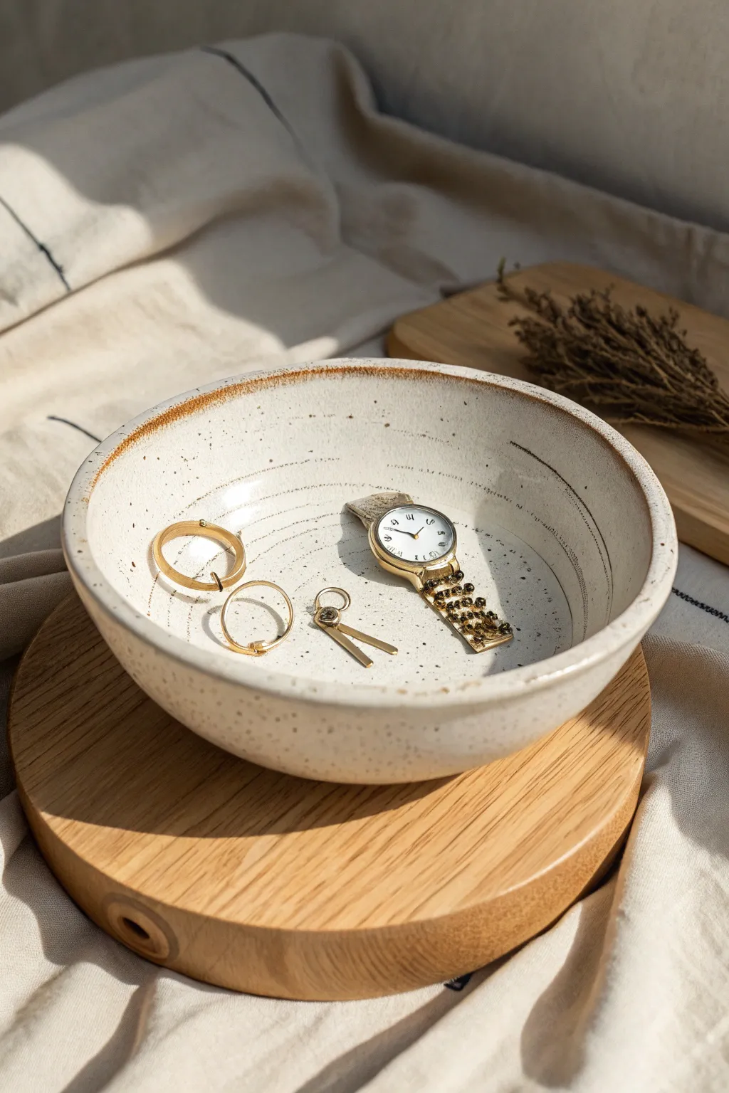 Simple molded clay bowl catch-all for the nightstand, minimal styling with jewelry and keys.