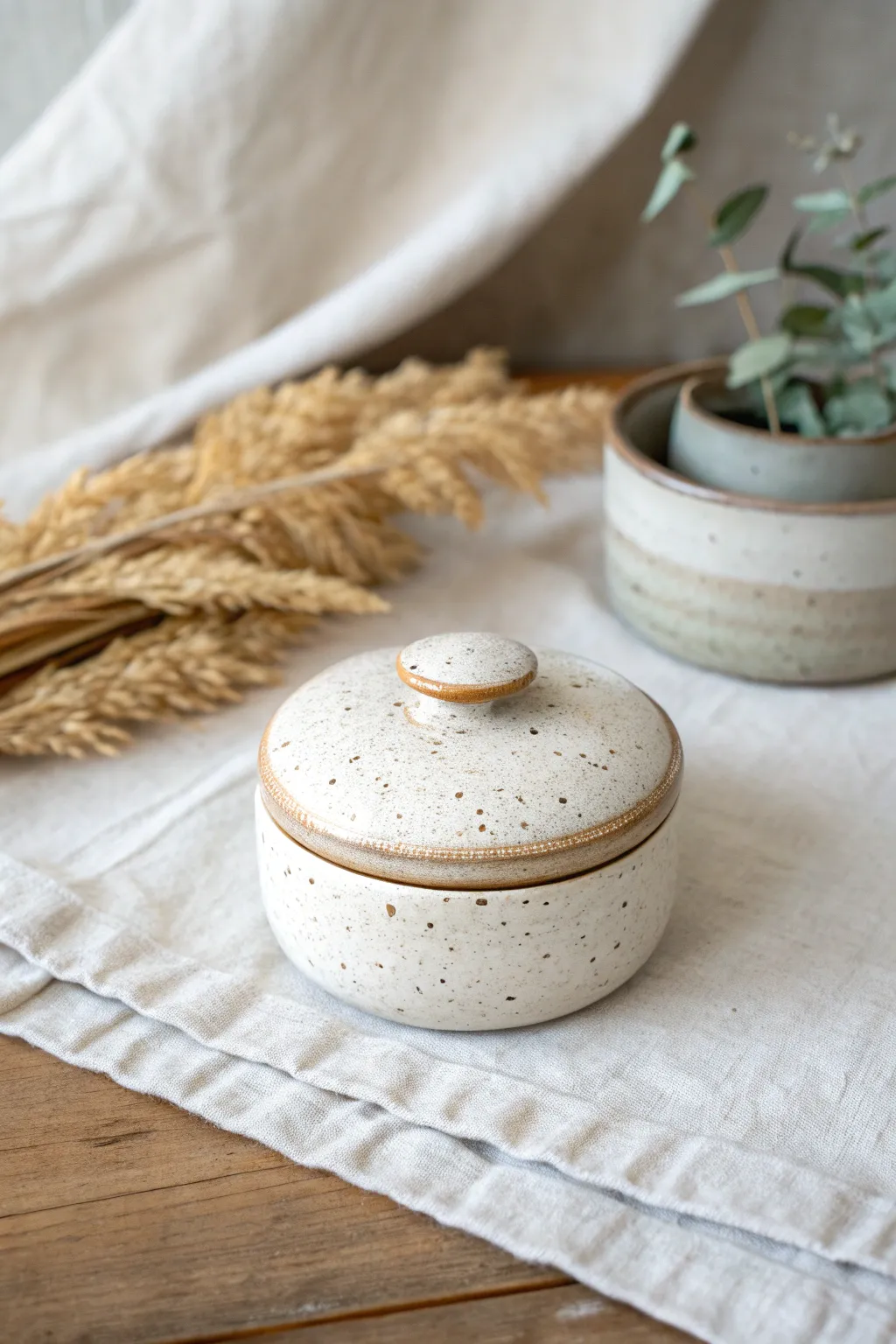 Round speckled trinket box with a snug gallery rim lid, styled in soft minimal Scandi light.