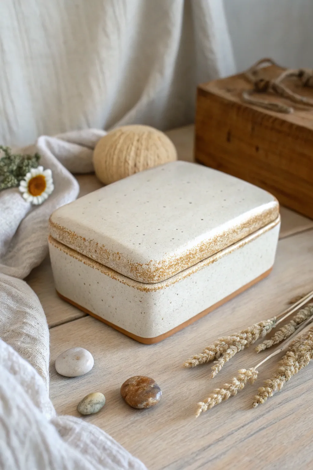 Soft-cornered rectangular clay keepsake box in a calm neutral finish, styled with tiny treasures.