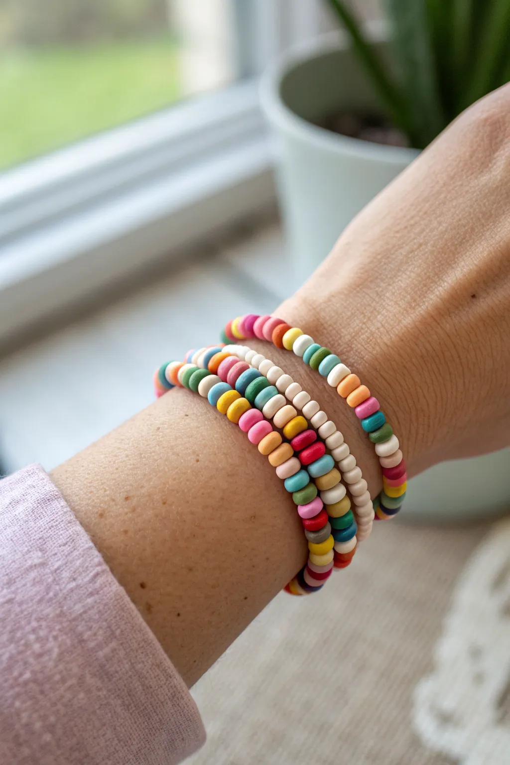Happy random mix clay bead bracelet: rainbow discs in a simple stack for boho-minimal style