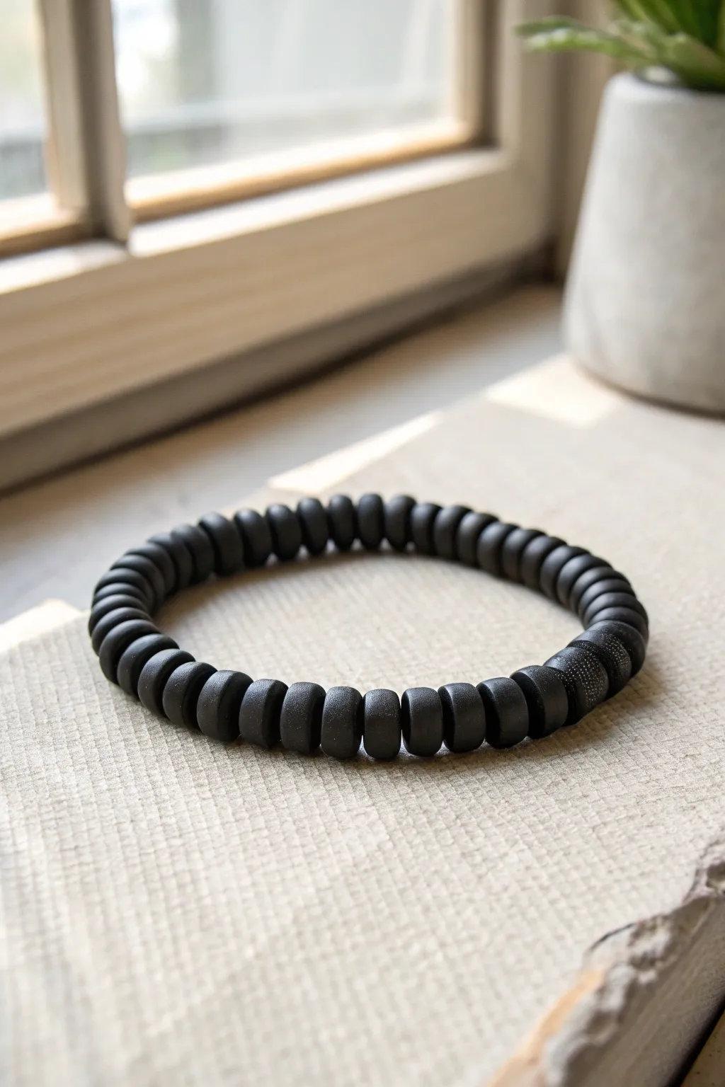 Minimal all-black matte clay disc bracelet with sleek lines and soft shadows for modern boys.