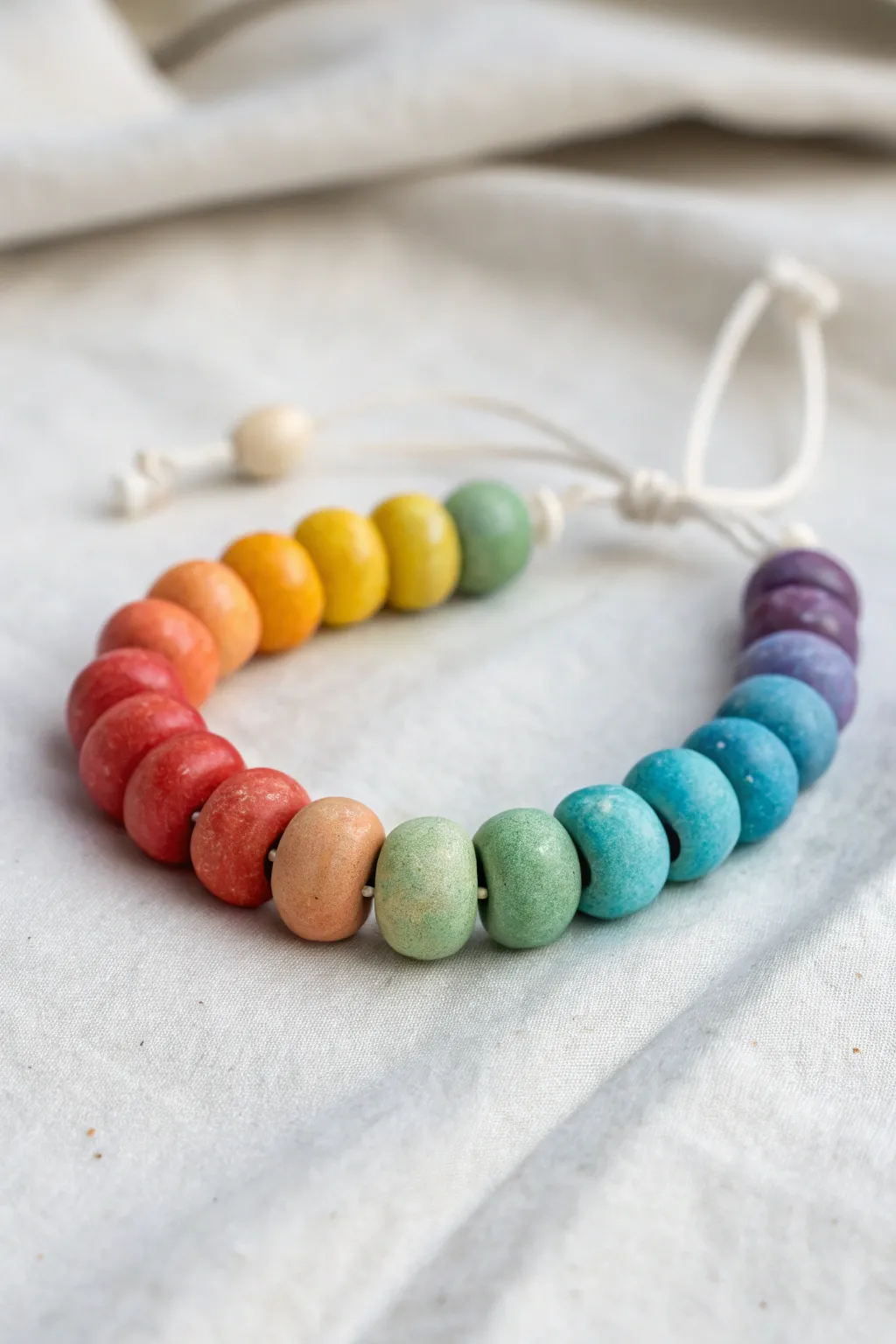 Sunny rainbow gradient clay bead bracelet on a bright neutral surface with crisp natural shadows
