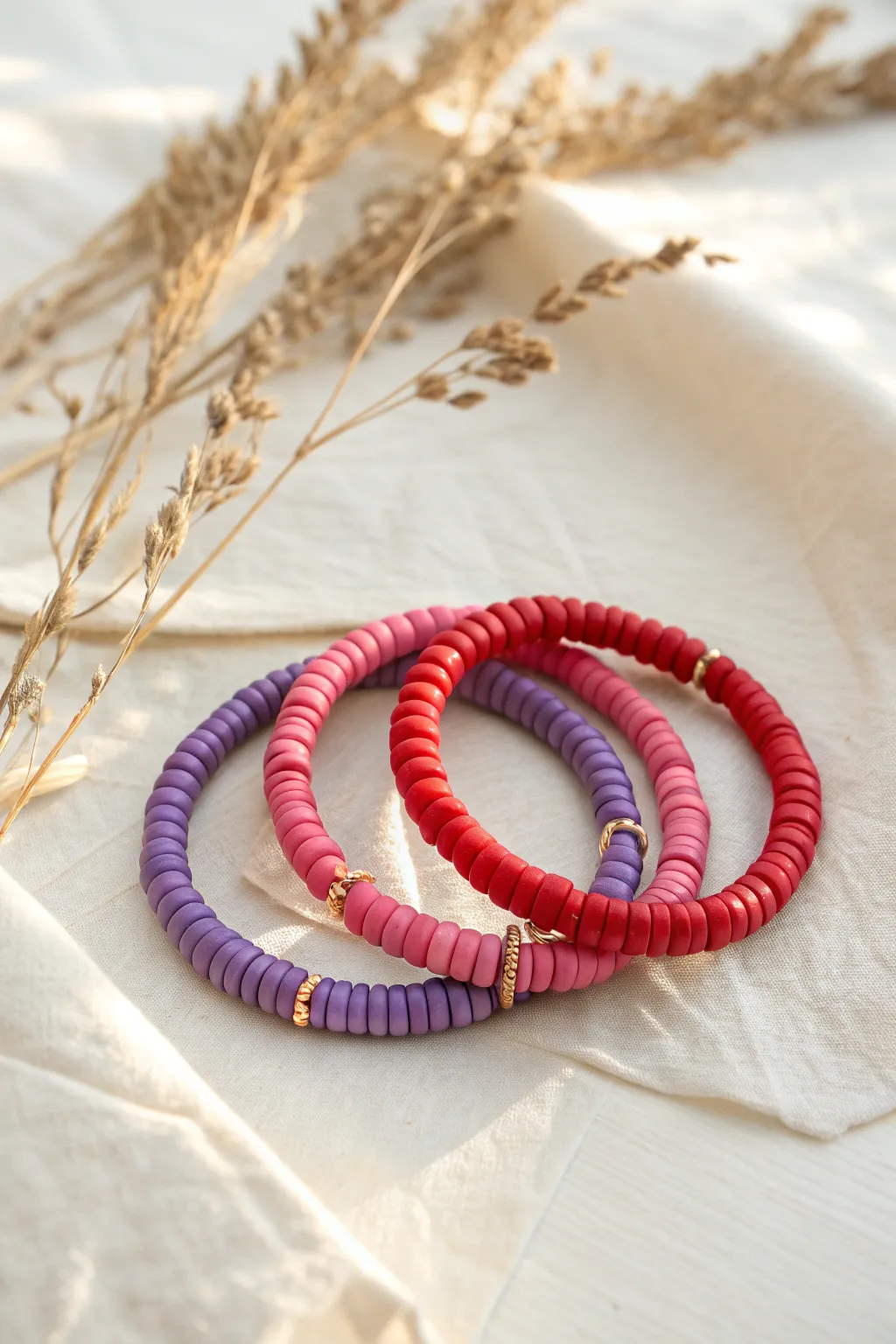 Rainbow-order clay heishi bracelet stack in soft minimal flat-lay, bright yet calm and handmade.