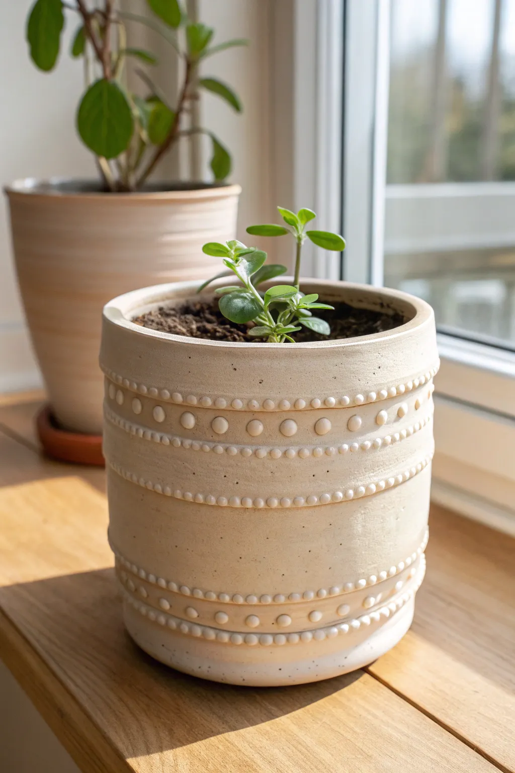 Coil-built round planter with textured bands, sunlit and simple for a cozy minimalist vibe.