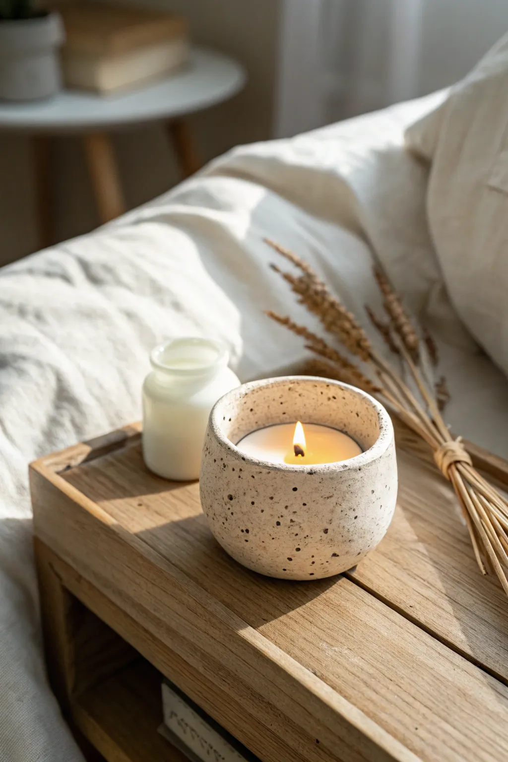 A classic pinch-pot votive holder, softly wonky and glowing warm on a minimal bedside table.