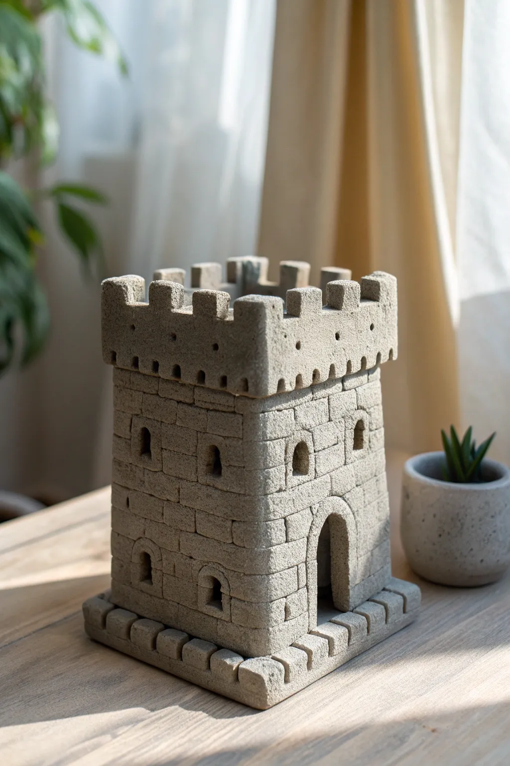 Classic clay castle keep with crisp battlements, matte stone-gray finish, and cozy minimalist styling