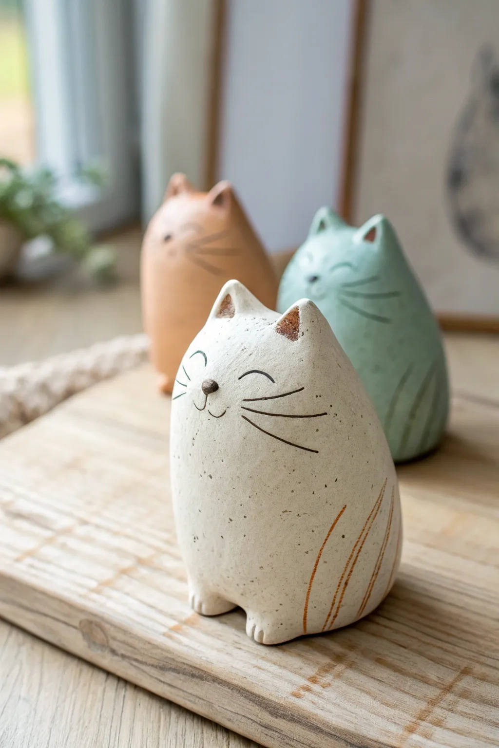 Minimal loaf cat minis in soft earthy glazes, a cozy Scandinavian boho touch for your shelf.