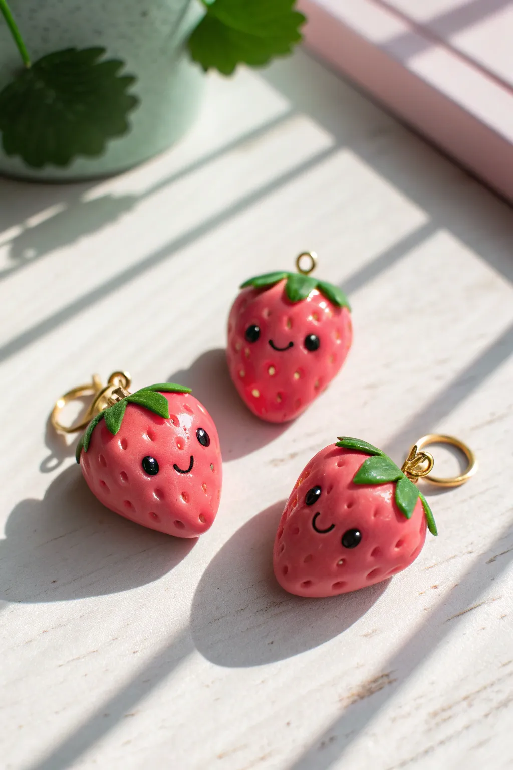 Three tiny strawberry clay charms with leafy tops, dot seeds, and sweet smiles on pastel blush
