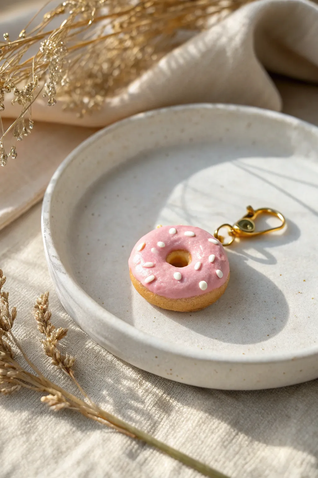 Tiny clay donut charm with pastel icing and sprinkles, styled on a minimalist ceramic tray.