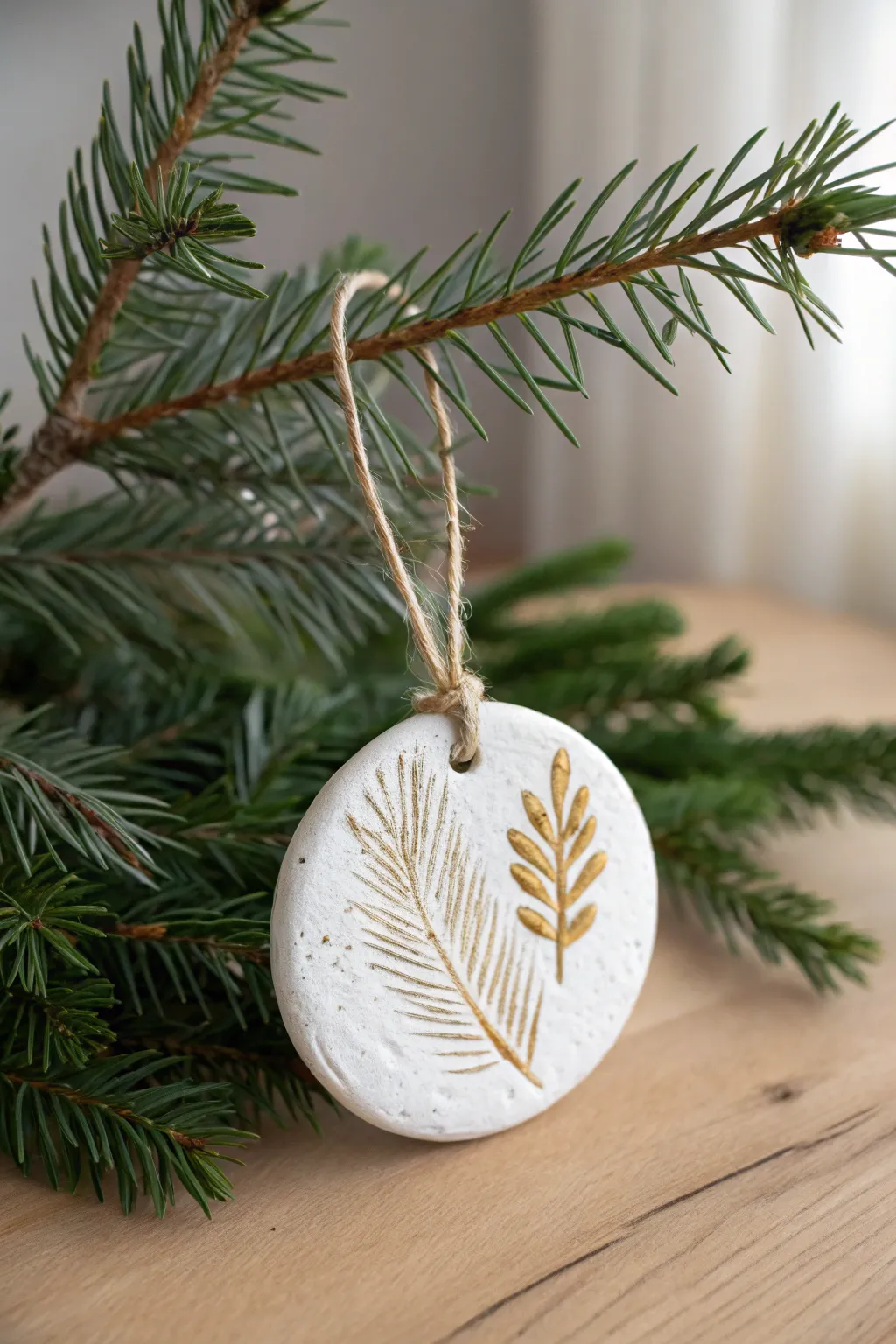 Elegant air-dry clay ornament with pine imprint and subtle gold, perfect for natural Christmas decor.