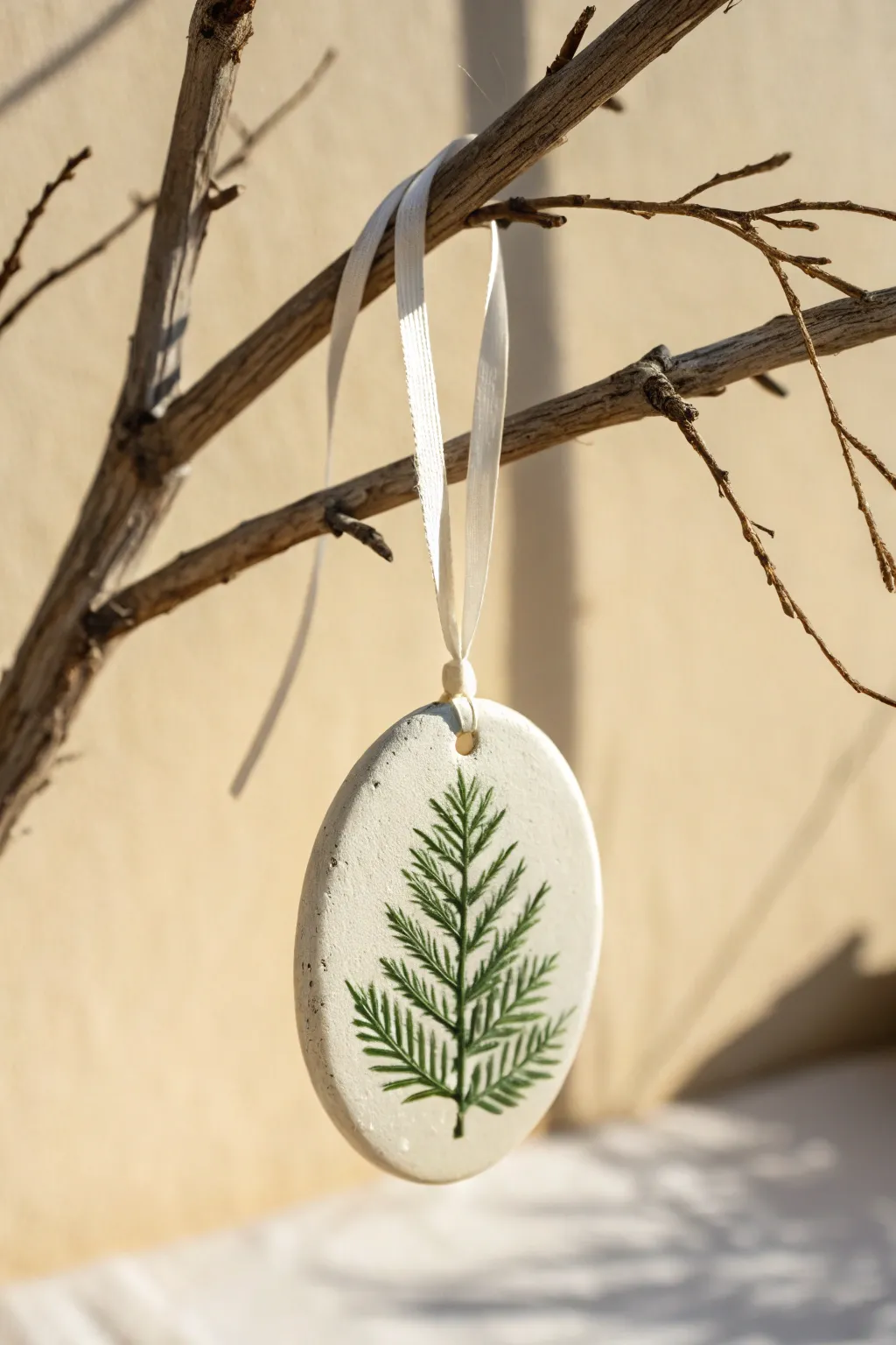 Evergreen-imprint clay ornament in soft neutrals, a simple handmade Christmas gift with calm Nordic style.