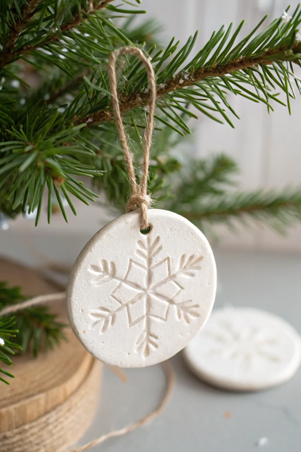Stamped snowflake clay medallion ornament, softly dusted white, perfect minimalist Christmas decor.
