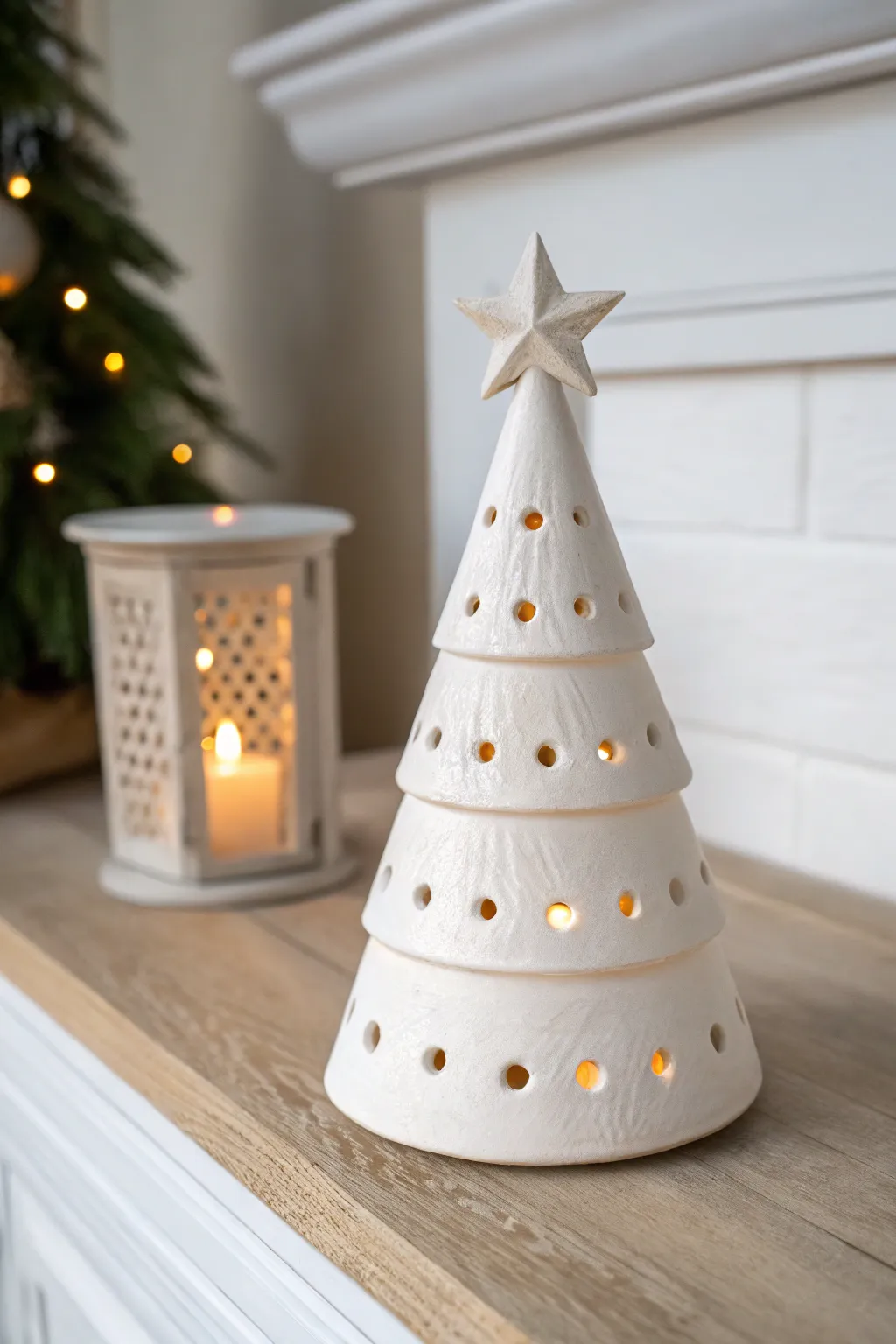 Minimalist white clay tree luminary with warm glow, perfect for cozy Scandinavian holiday decor