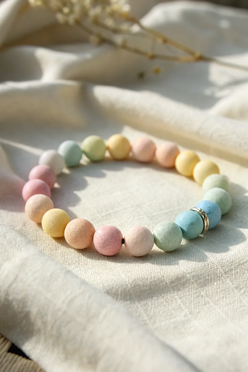 Soft pastel ombre clay bead bracelet in a perfect circle, calm Scandinavian boho vibes.