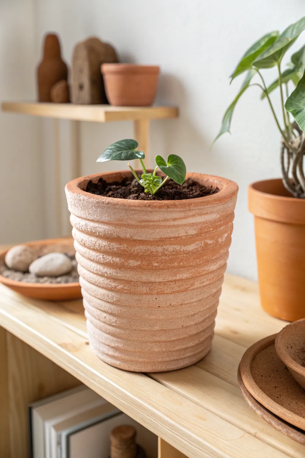 Coil-built planter with rustic texture and a fresh green sprig, styled in warm minimal calm.