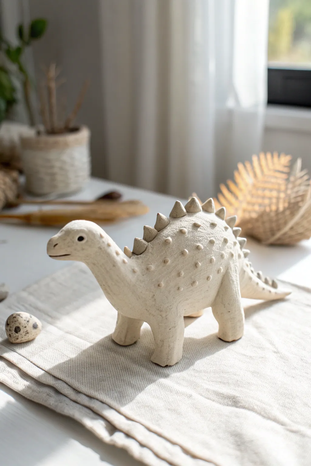 A tiny matte clay dinosaur with textured spikes, simple lines, and lots of gentle personality.