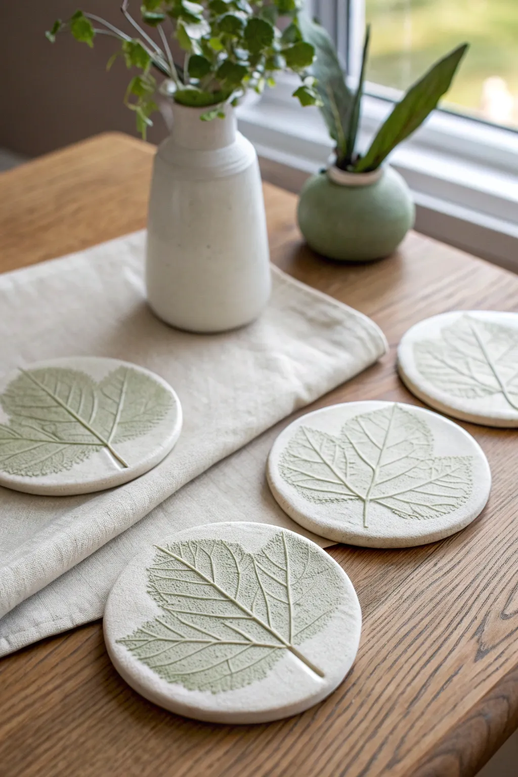 Pressed leaf imprint clay coasters with subtle sage wash, perfect minimalist botanical decor.