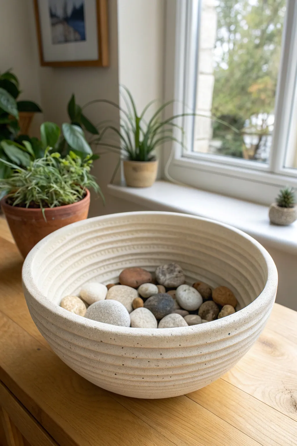 Smooth satiny interior with crisp coil ridges outside for a simple, boho-minimal bowl