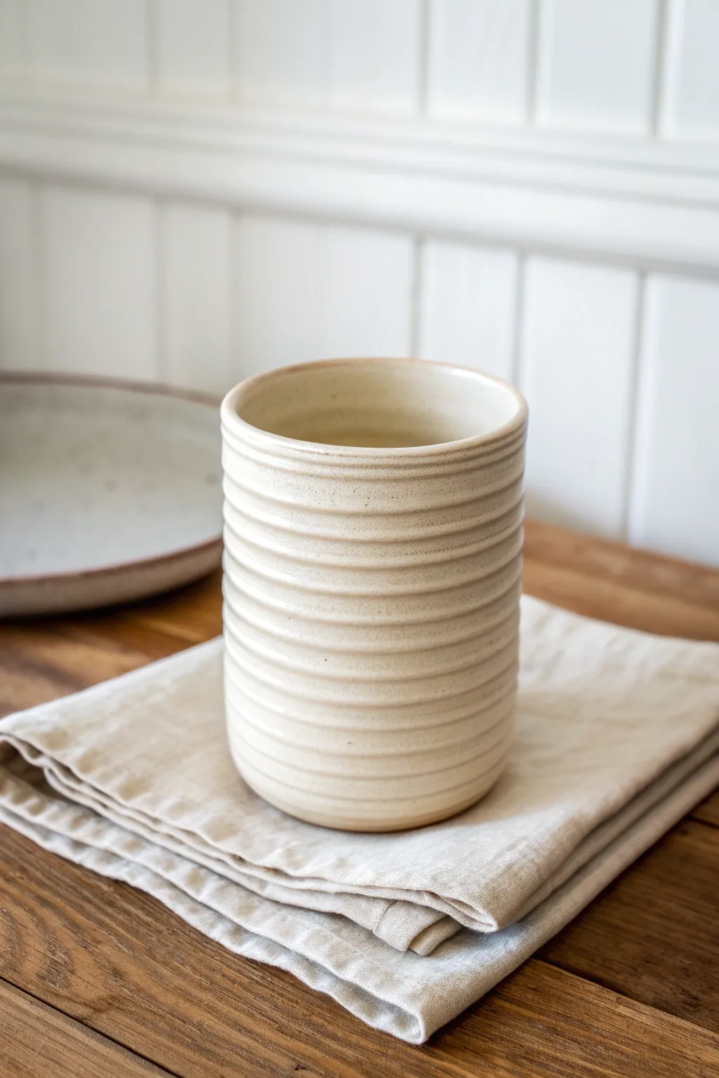 Straight-sided coil cup with subtle rings and a cozy lip, styled with linen for calm mornings.