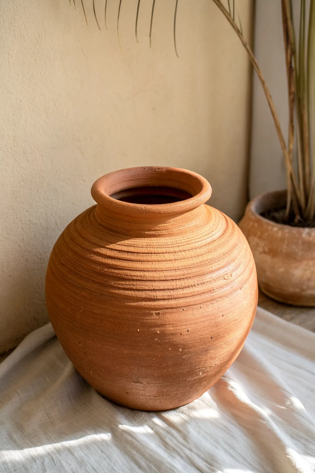 Classic coil pot with chunky visible ropes in warm earthy tones and clean minimalist styling