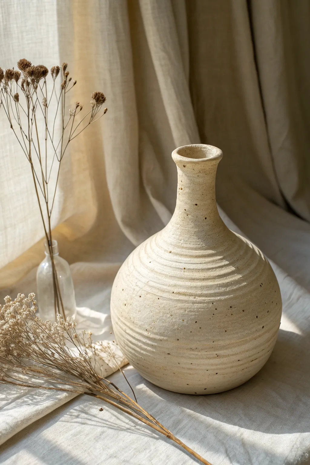 Belly-shaped coil vase with a narrow neck, simple stems, and soft natural tones