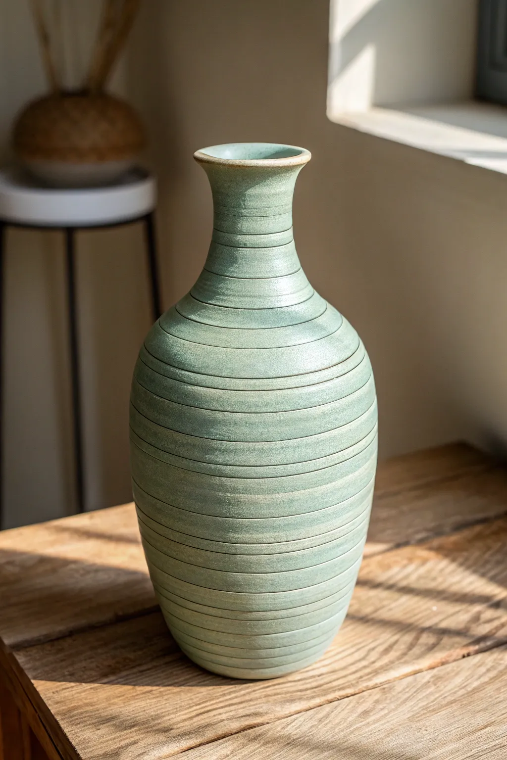 Straight-sided coil vase in muted sage glaze, clean silhouette with subtle handmade coil texture.