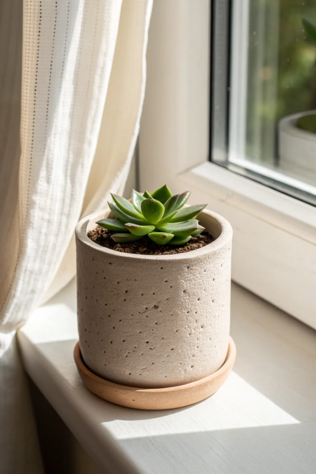 Mini clay succulent planter with a snug liner cup, sunlit and minimalist for small spaces