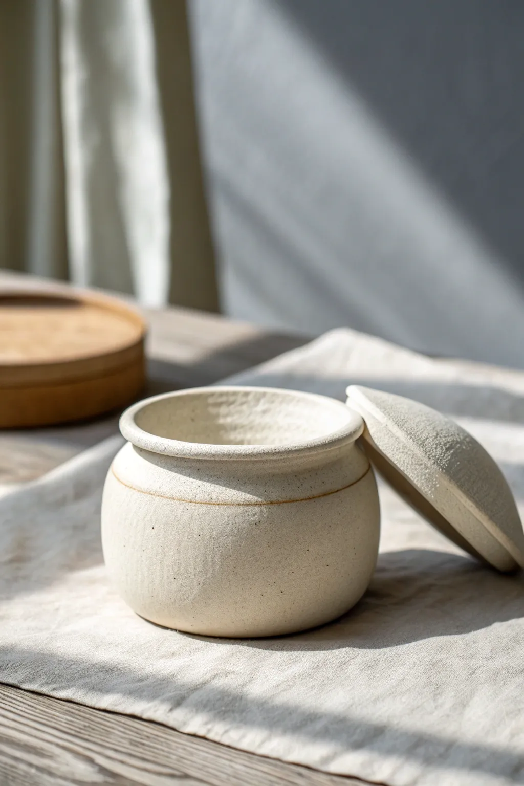 Pinch-pot trinket jar with a flat sitting lid, a minimalist storage idea for tiny treasures.