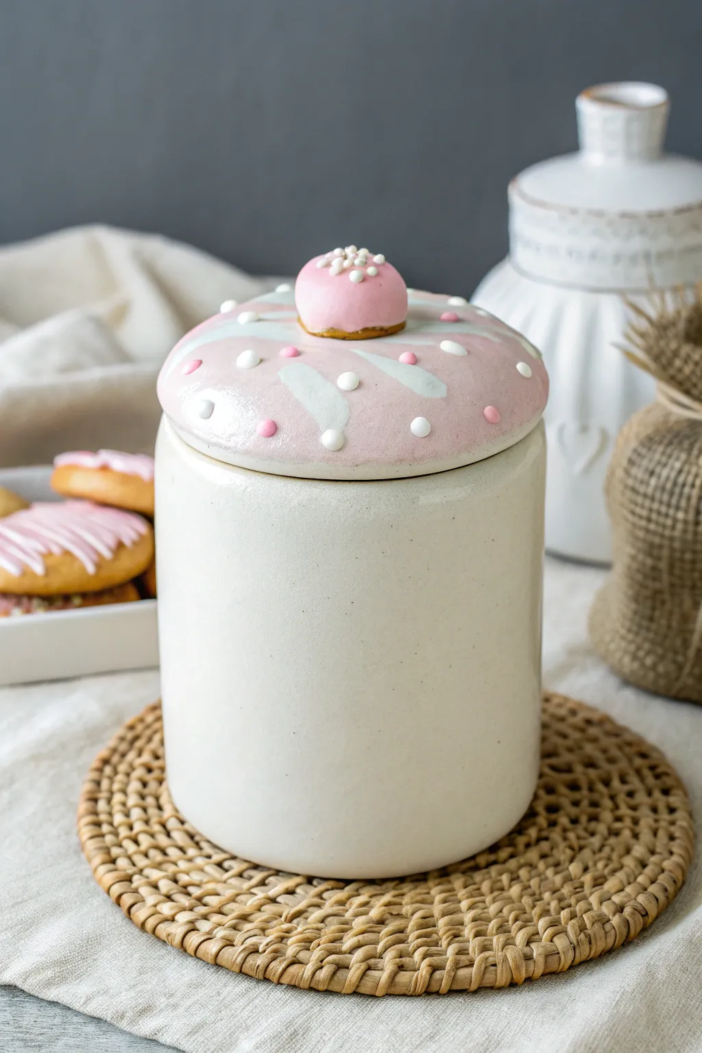 Sweet and simple: a white clay cookie jar with an iced sugar cookie lid in soft pastels.