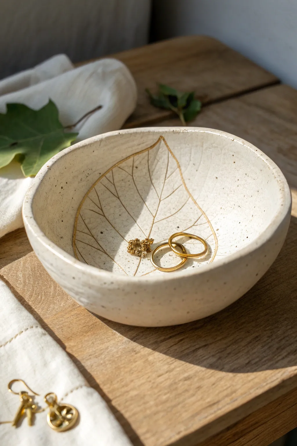Leaf-imprint clay catchall bowl, minimalist and handmade, perfect for keys and earrings.