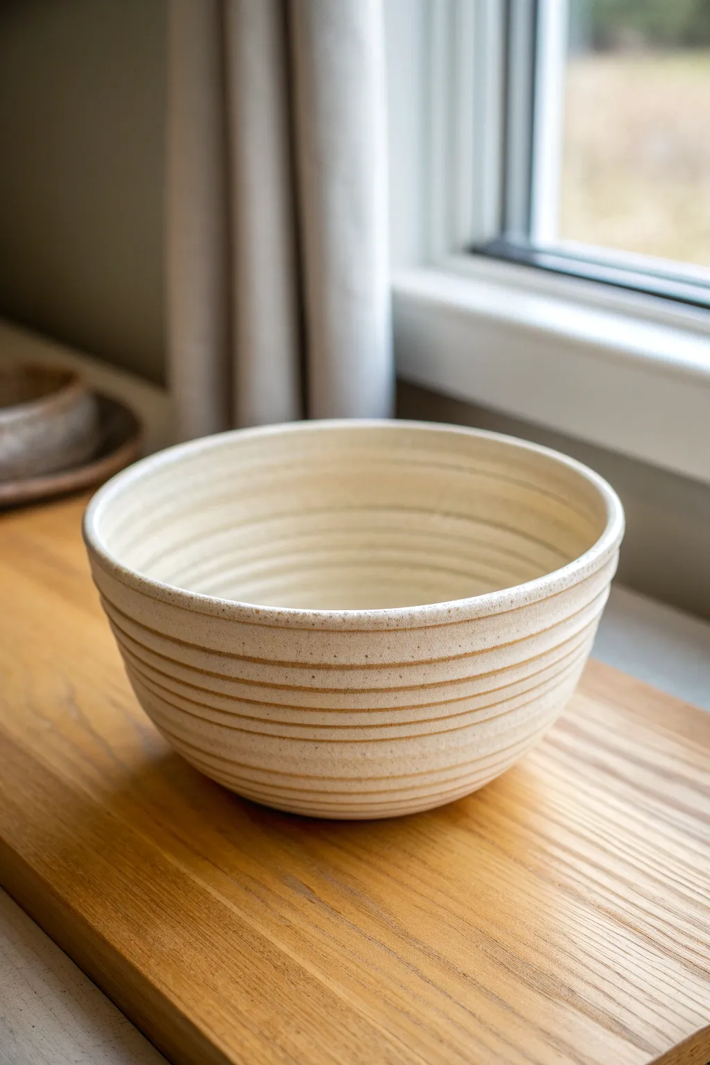 Classic coil bowl with tidy stripes and a warm handmade feel—an easy, calming beginner clay win.