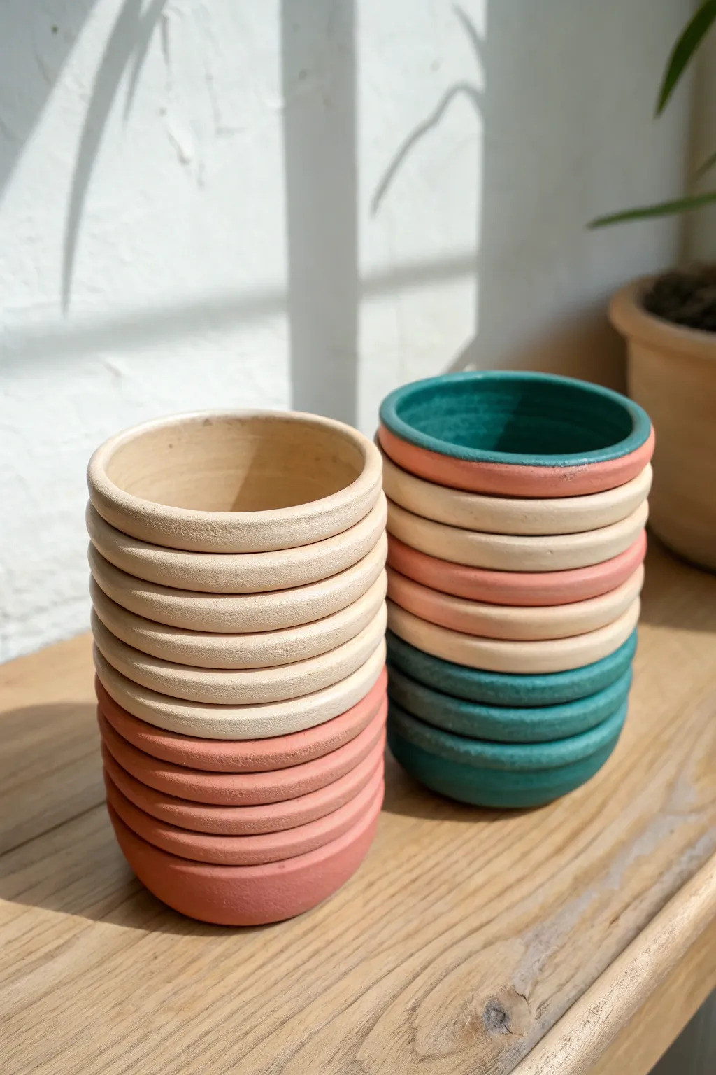 Easy coil pot cups for kids: chunky spiral coils and bold color blocks in a cozy minimal scene