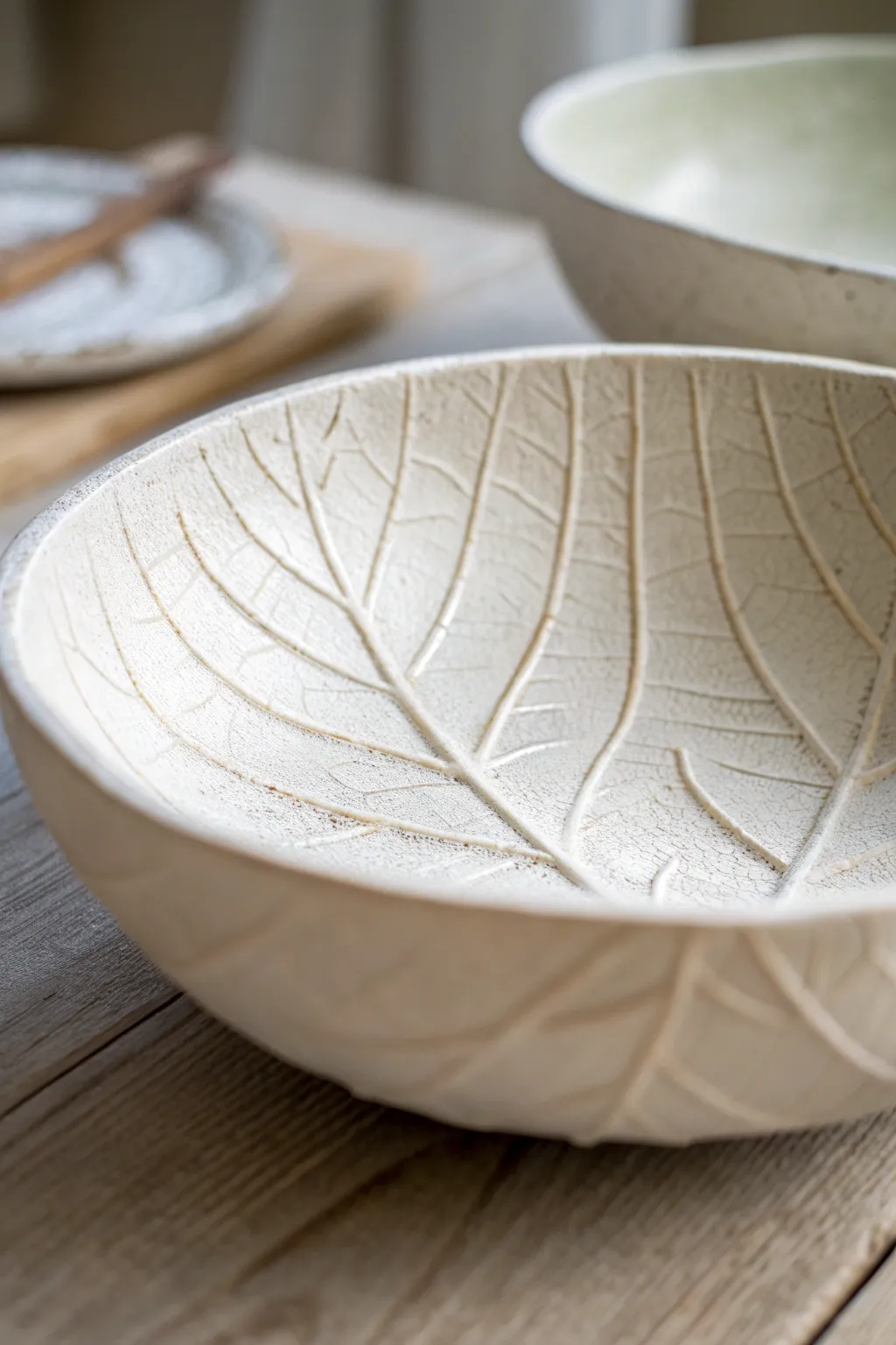 Crisp leaf-imprint texture on a handmade white bowl, styled in airy Scandinavian calm.