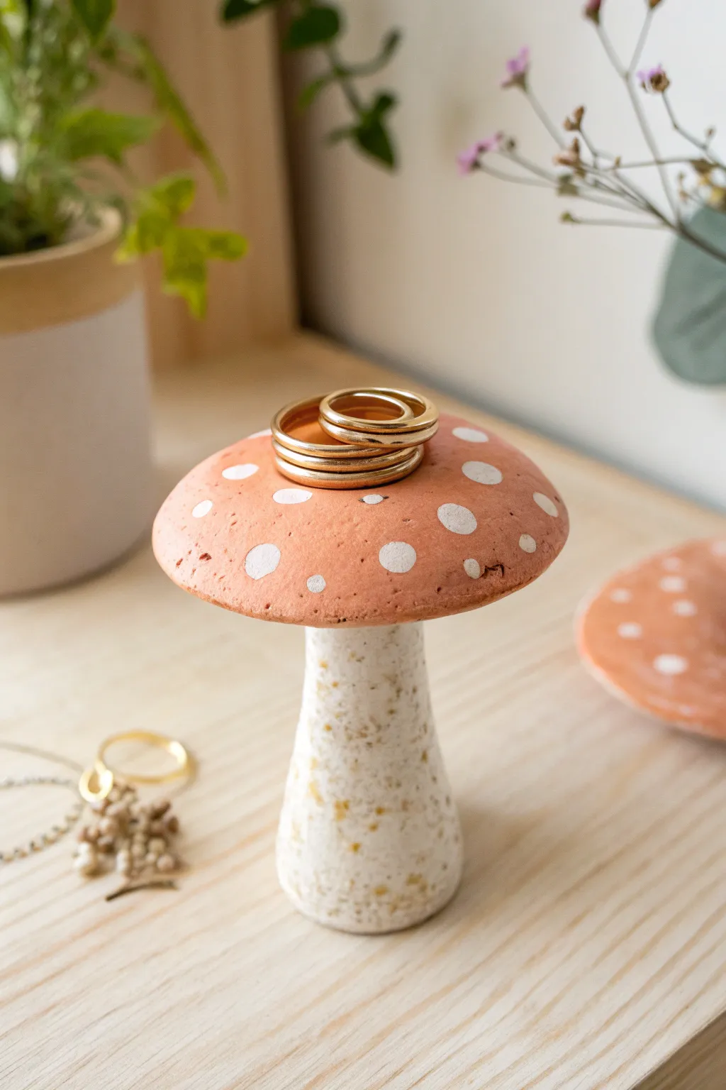 Cheerful clay mushroom ring holder with stacked rings, styled simply on light wood.