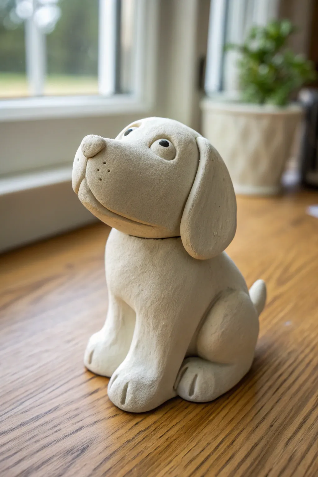 Round-belly clay puppy with floppy ears on warm wood, a simple cute creature idea to try.