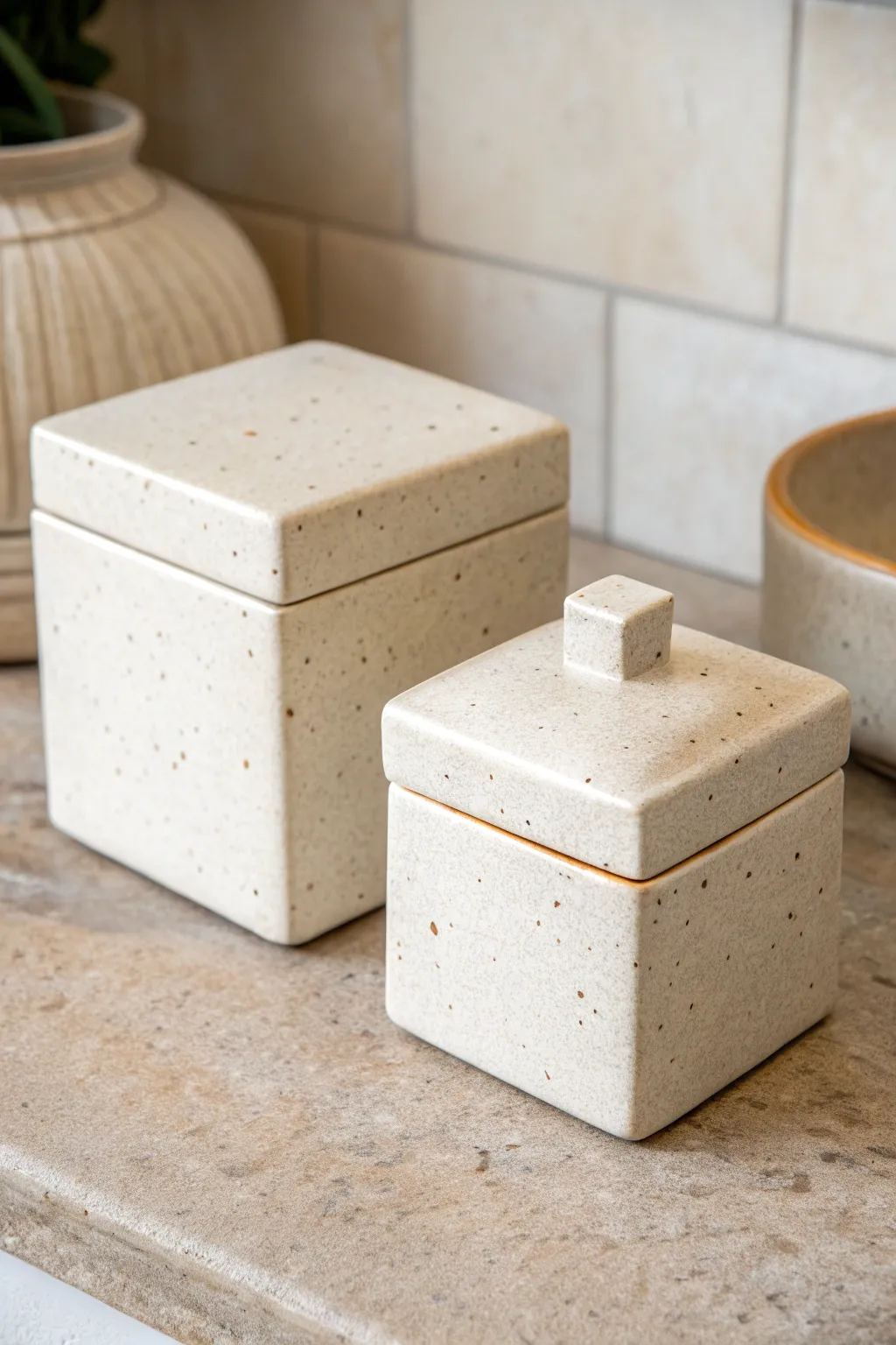 Two cube boxes, same clay and finish, different lid seam heights for a clean side-by-side comparison